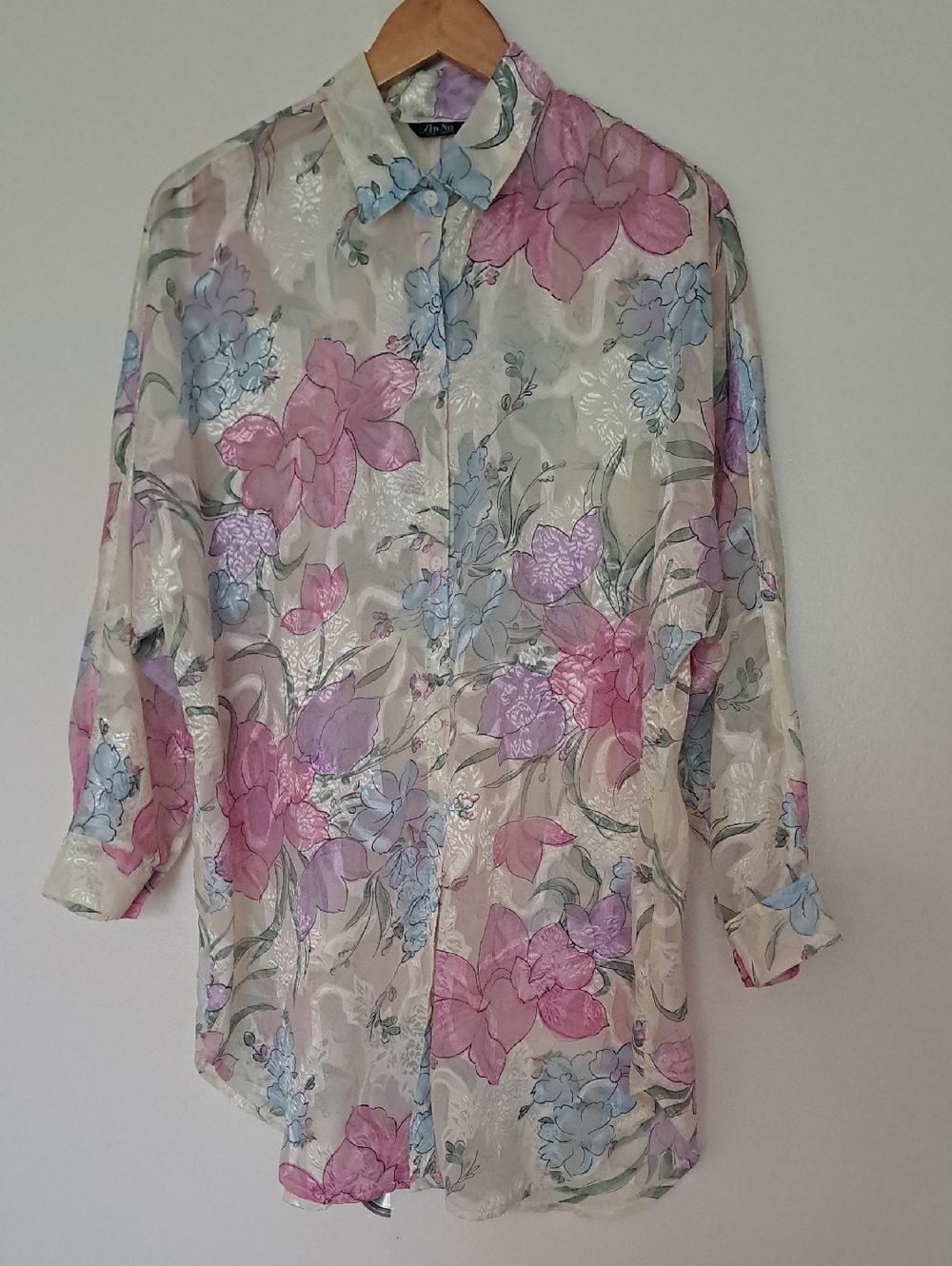 An Na Floral Sheer Blouse in Cream with Pink & Lavender Accents